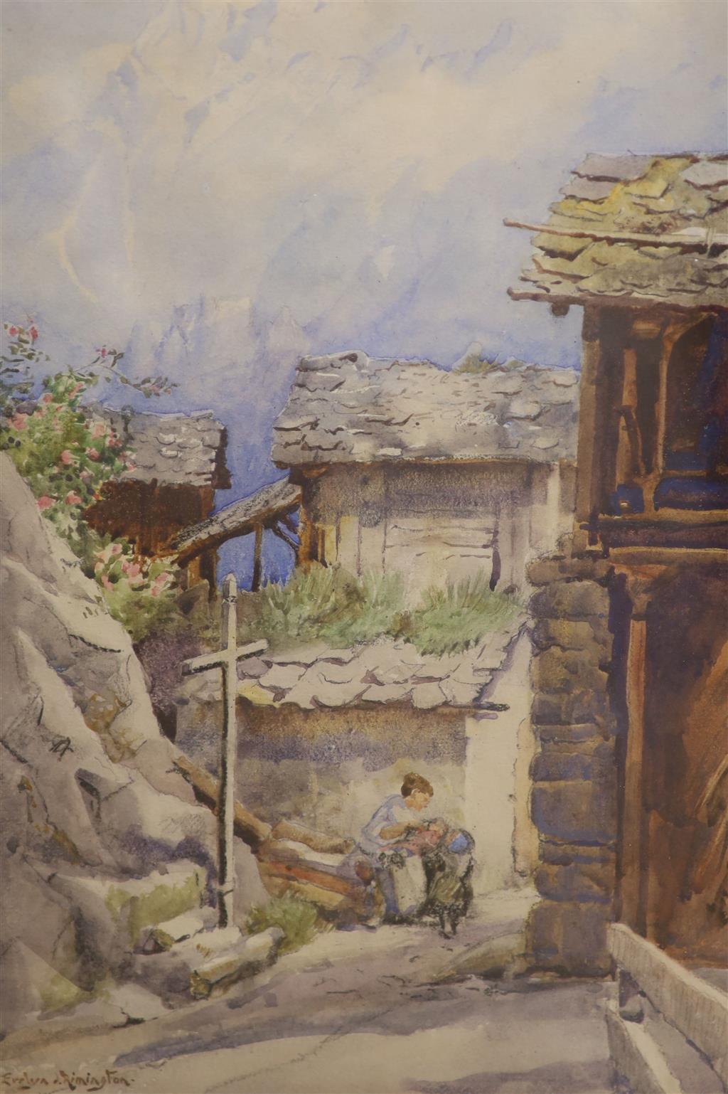 Evelyn Rimington (1885-1965), watercolour, At Les Marecoltes, signed, Abbott & Holder label verso, 34 x 24cm